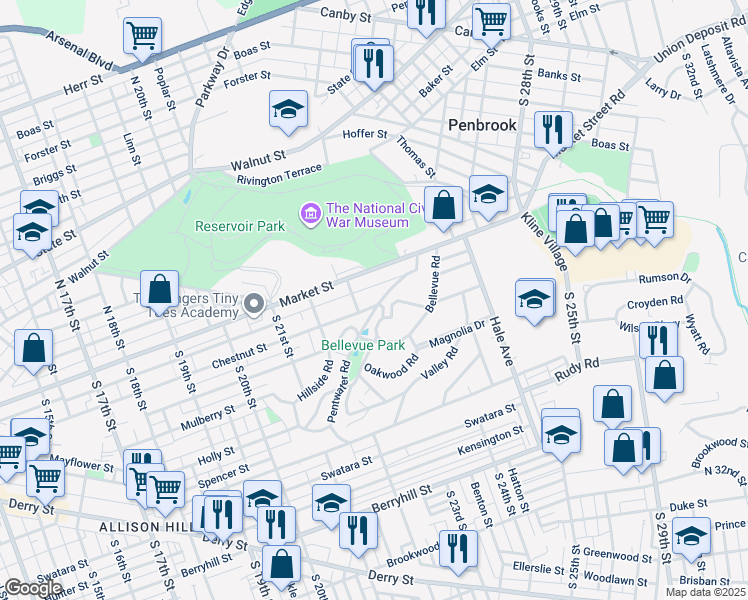 map of restaurants, bars, coffee shops, grocery stores, and more near 2308 Chestnut Street in Harrisburg