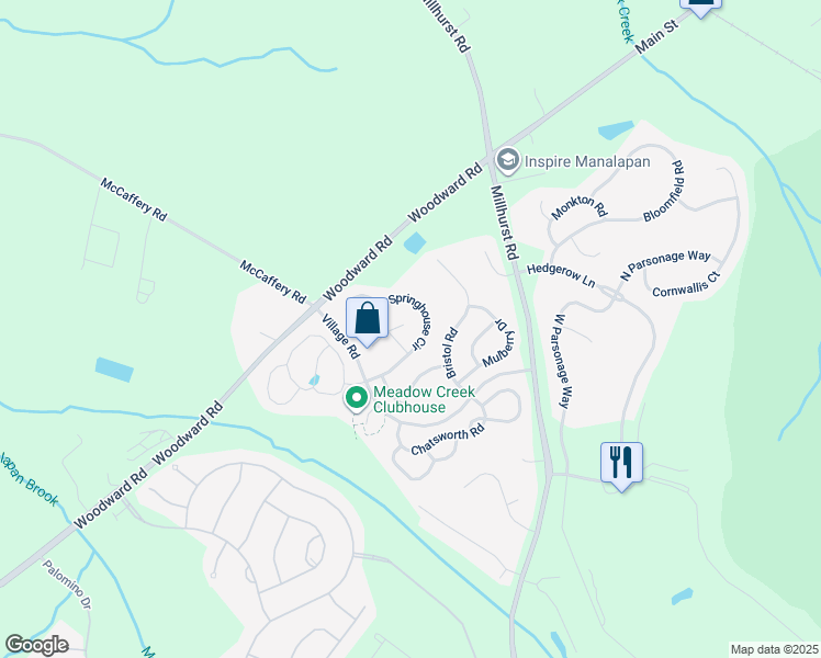 map of restaurants, bars, coffee shops, grocery stores, and more near 23 Springhouse Circle in Manalapan Township