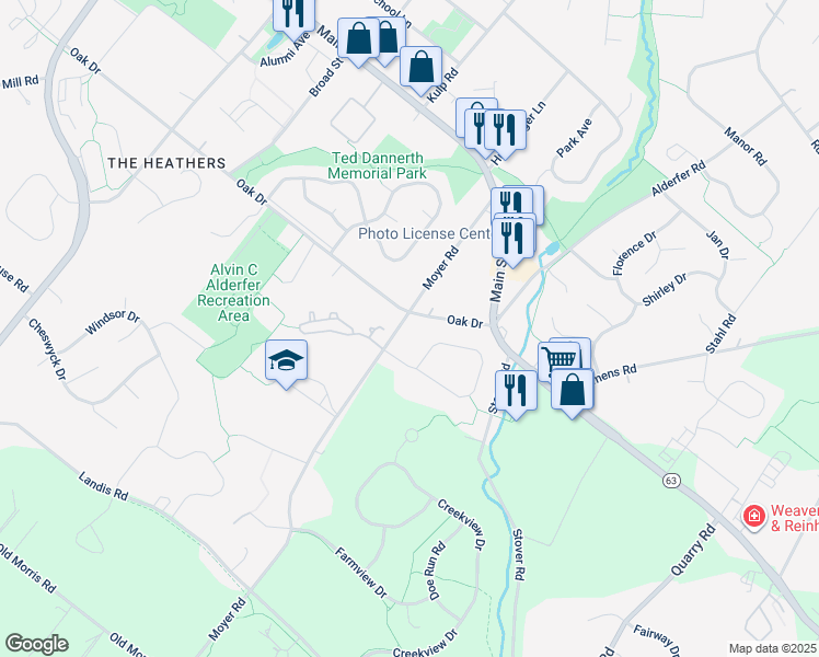 map of restaurants, bars, coffee shops, grocery stores, and more near 408 Moyer Road in Harleysville
