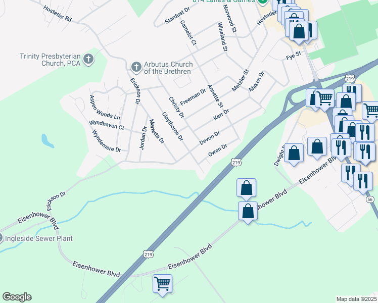 map of restaurants, bars, coffee shops, grocery stores, and more near 1298 Claythorne Dr in Johnstown