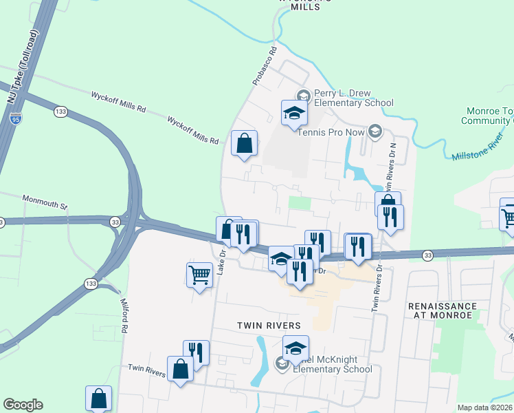 map of restaurants, bars, coffee shops, grocery stores, and more near H3 Avon Drive in East Windsor