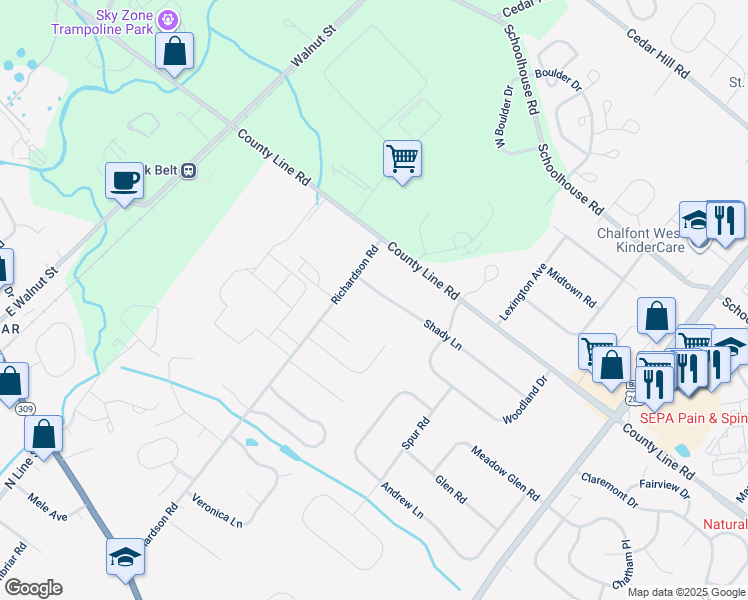 map of restaurants, bars, coffee shops, grocery stores, and more near 103 Shady Lane in Lansdale
