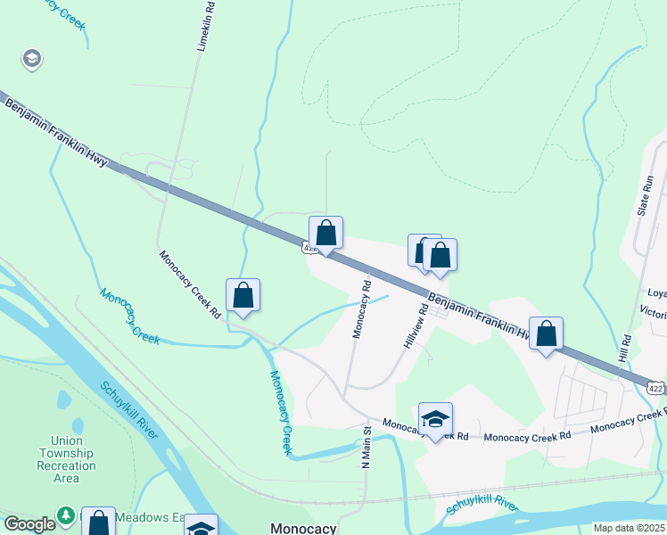 map of restaurants, bars, coffee shops, grocery stores, and more near 396 Benjamin Franklin Highway in Birdsboro