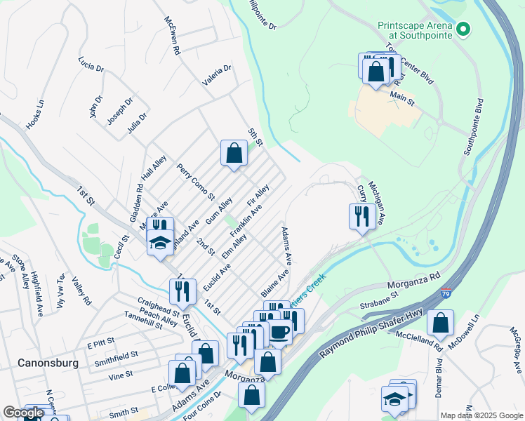 map of restaurants, bars, coffee shops, grocery stores, and more near 628 Euclid Avenue in Canonsburg