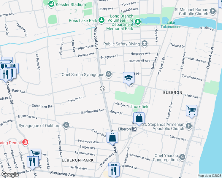 map of restaurants, bars, coffee shops, grocery stores, and more near 300 Park Terrace in Long Branch