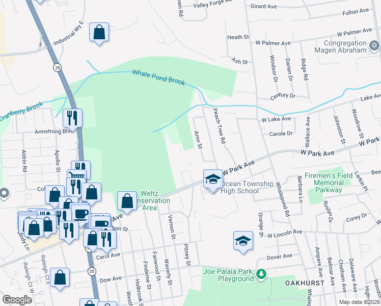 map of restaurants, bars, coffee shops, grocery stores, and more near 12 Arno Street in Ocean Township