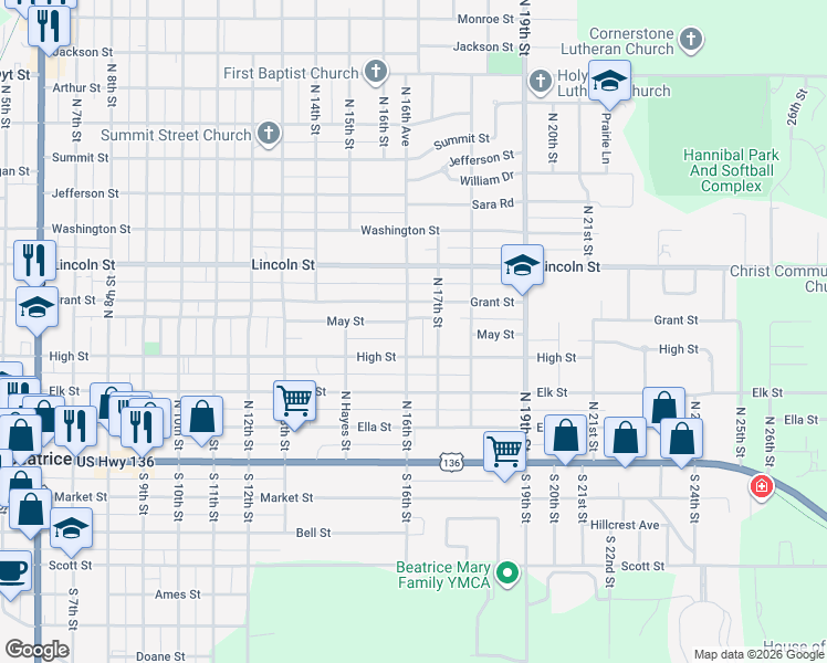 map of restaurants, bars, coffee shops, grocery stores, and more near 1600 High Street in Beatrice
