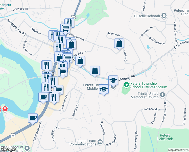 map of restaurants, bars, coffee shops, grocery stores, and more near 240 East McMurray Road in Canonsburg