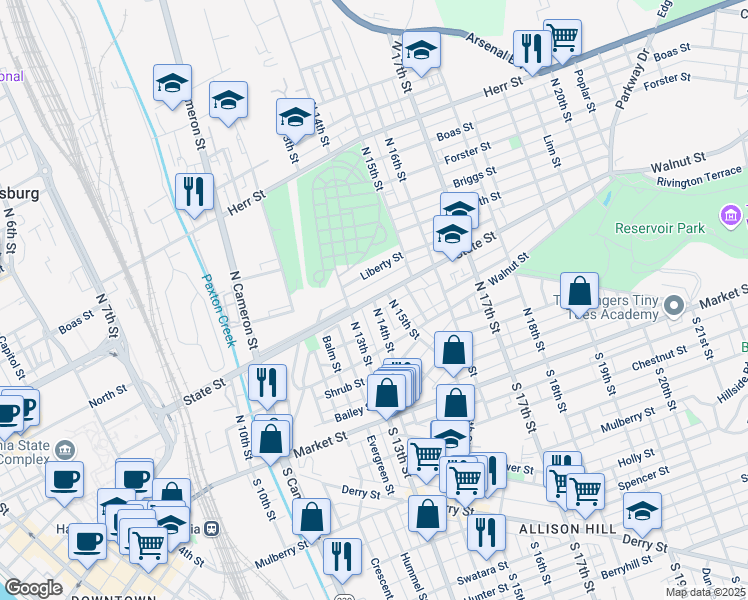 map of restaurants, bars, coffee shops, grocery stores, and more near 1407 State Street in Harrisburg