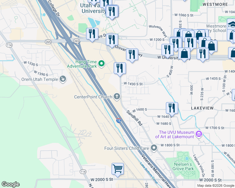 map of restaurants, bars, coffee shops, grocery stores, and more near Veterans Memorial Highway in Orem