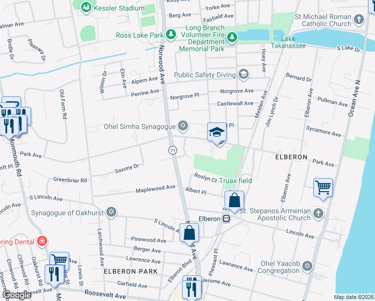 map of restaurants, bars, coffee shops, grocery stores, and more near 300 Park Terrace in Long Branch
