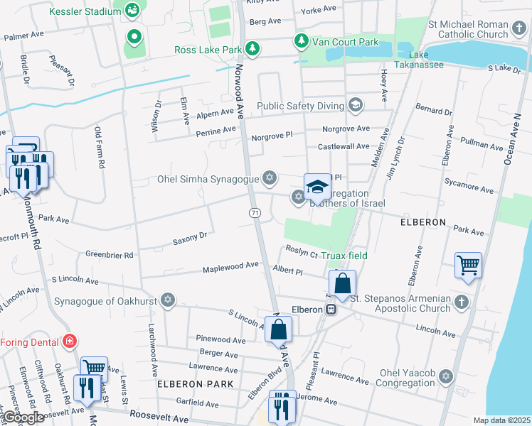 map of restaurants, bars, coffee shops, grocery stores, and more near 300 Park Terrace in Long Branch