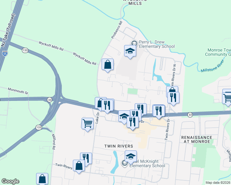 map of restaurants, bars, coffee shops, grocery stores, and more near H3 Avon Drive in East Windsor