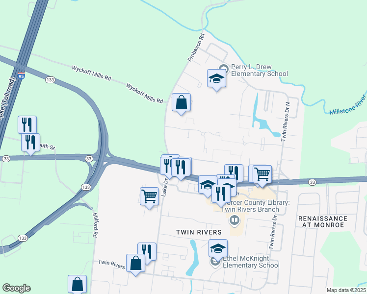 map of restaurants, bars, coffee shops, grocery stores, and more near E21 Avon Drive in East Windsor