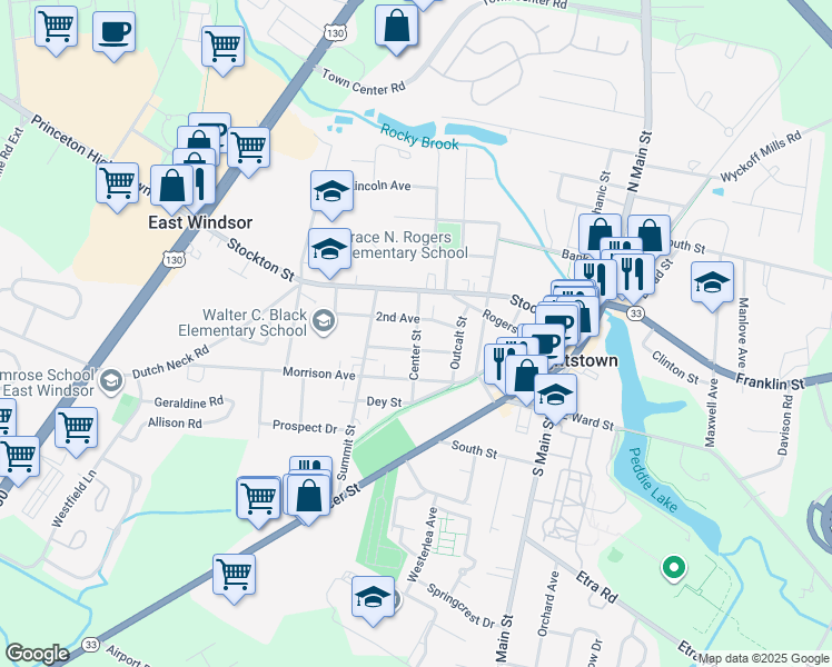 map of restaurants, bars, coffee shops, grocery stores, and more near 119 1st Avenue in Hightstown