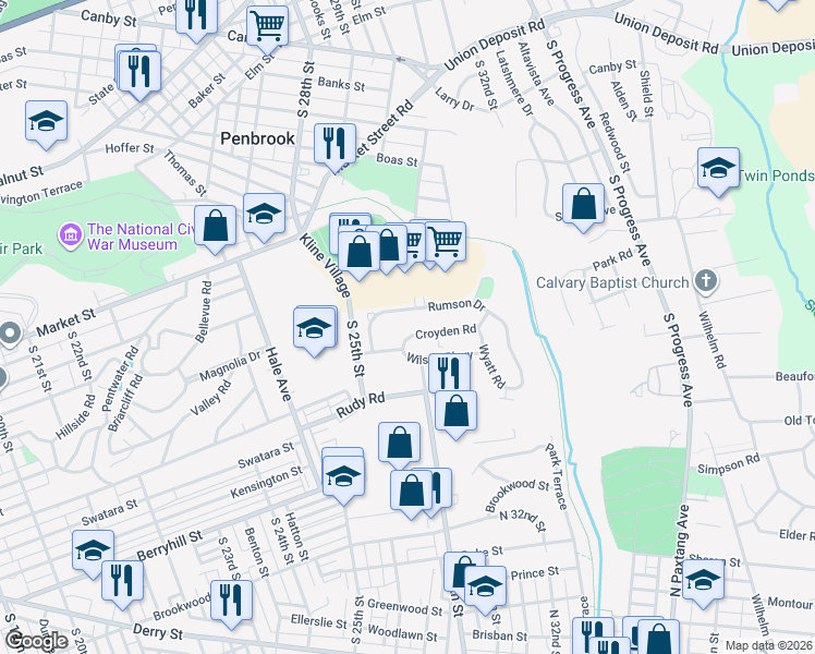 map of restaurants, bars, coffee shops, grocery stores, and more near 2806 Wilson Parkway in Harrisburg