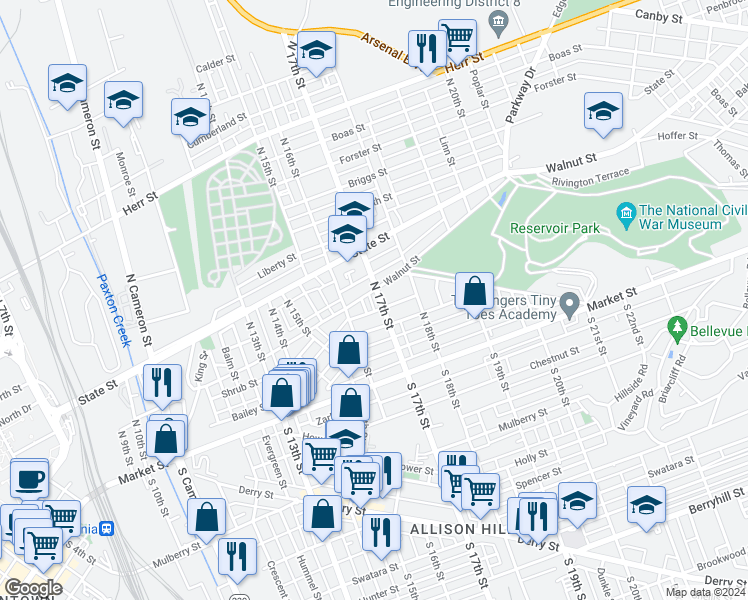 map of restaurants, bars, coffee shops, grocery stores, and more near 1632 Regina Street in Harrisburg