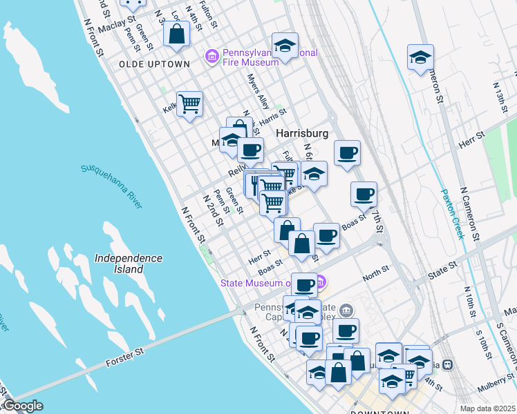 map of restaurants, bars, coffee shops, grocery stores, and more near 251 Verbeke Street in Harrisburg