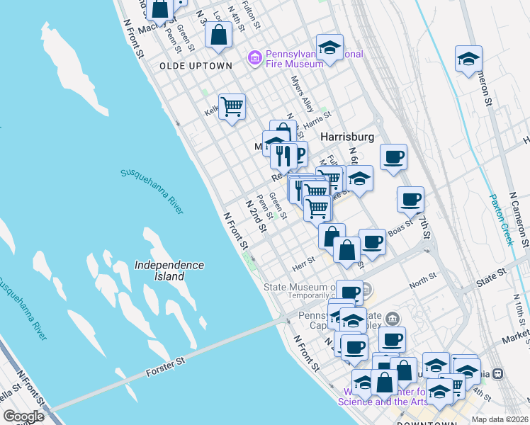 map of restaurants, bars, coffee shops, grocery stores, and more near in Harrisburg