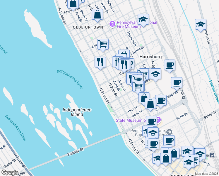 map of restaurants, bars, coffee shops, grocery stores, and more near 109 Calder Street in Harrisburg