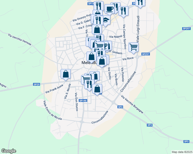 map of restaurants, bars, coffee shops, grocery stores, and more near 45 Via N. Bixio in Melendugno
