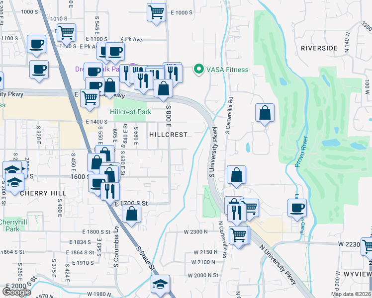 map of restaurants, bars, coffee shops, grocery stores, and more near 1234 East 1500 South in Orem