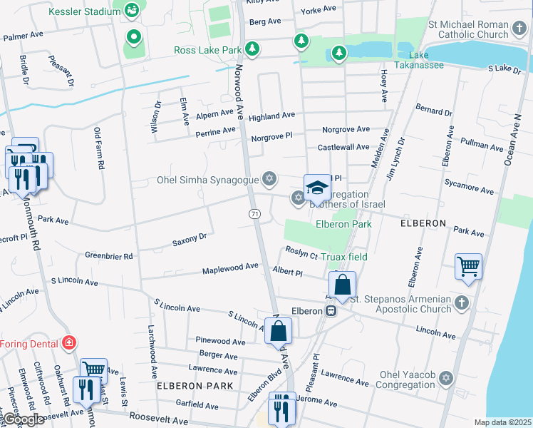 map of restaurants, bars, coffee shops, grocery stores, and more near 300 Park Terrace in Long Branch