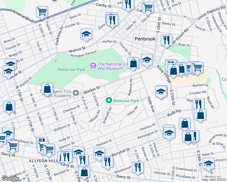 map of restaurants, bars, coffee shops, grocery stores, and more near 2310 Chestnut Street in Harrisburg