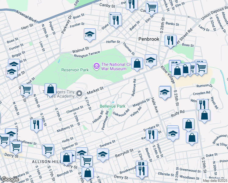 map of restaurants, bars, coffee shops, grocery stores, and more near 2306 Chestnut Street in Harrisburg