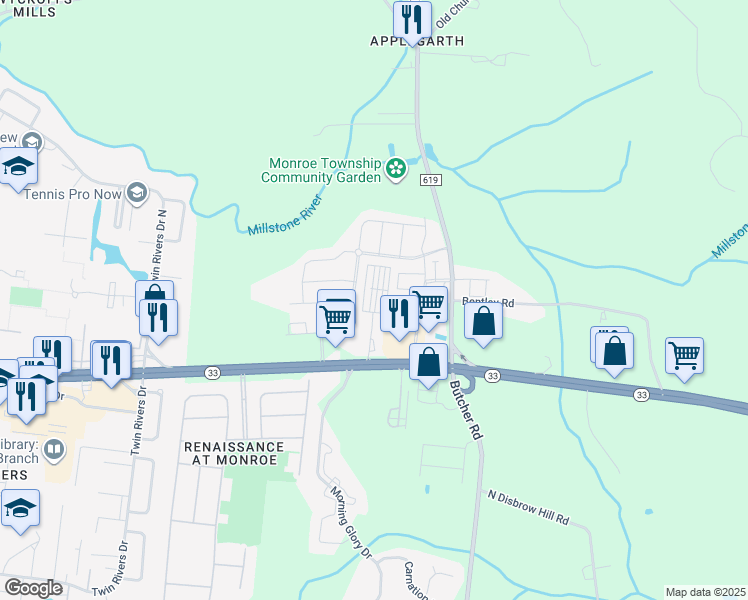 map of restaurants, bars, coffee shops, grocery stores, and more near 979 New Jersey 33 in Monroe Township
