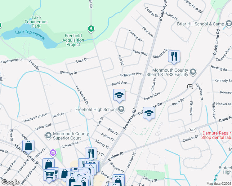 map of restaurants, bars, coffee shops, grocery stores, and more near 16 Robertsville Road in Freehold