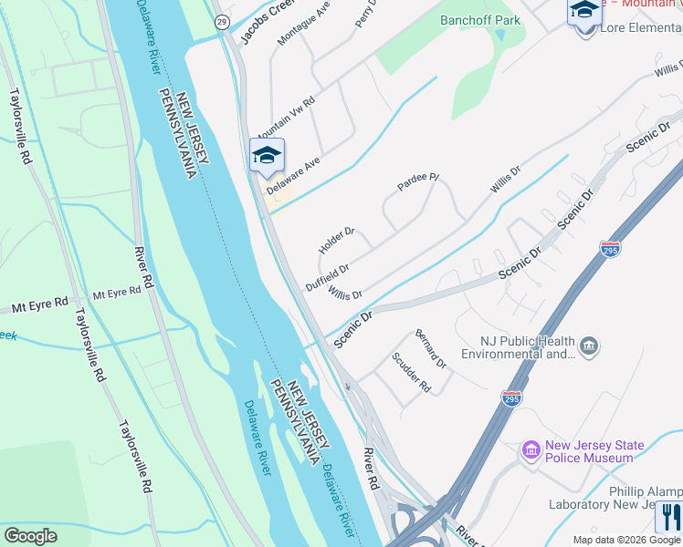 map of restaurants, bars, coffee shops, grocery stores, and more near 3 Willis Drive in Trenton