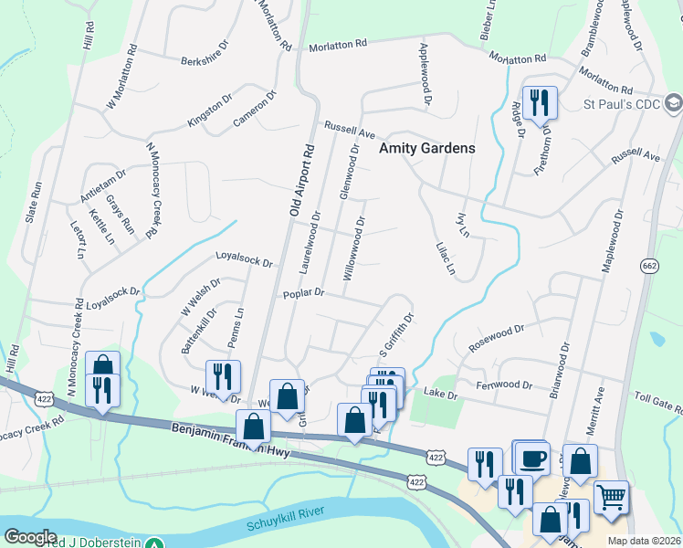 map of restaurants, bars, coffee shops, grocery stores, and more near 109 Poplar Drive in Douglassville