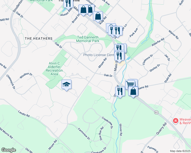 map of restaurants, bars, coffee shops, grocery stores, and more near 408 Moyer Road in Harleysville