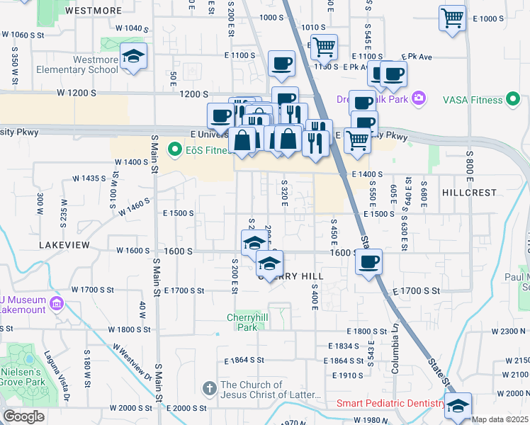 map of restaurants, bars, coffee shops, grocery stores, and more near 273 East 1500 South in Orem