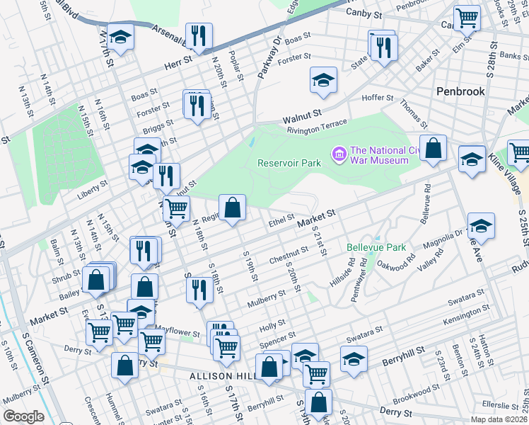 map of restaurants, bars, coffee shops, grocery stores, and more near 37 North 20th Street in Harrisburg