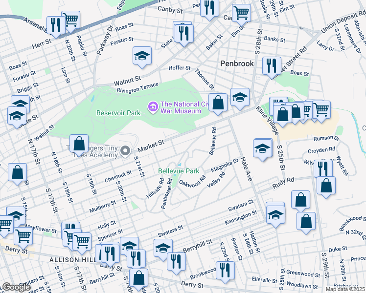 map of restaurants, bars, coffee shops, grocery stores, and more near 2308 Chestnut Street in Harrisburg