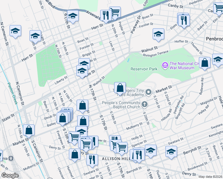 map of restaurants, bars, coffee shops, grocery stores, and more near 1829 Whitehall Street in Harrisburg