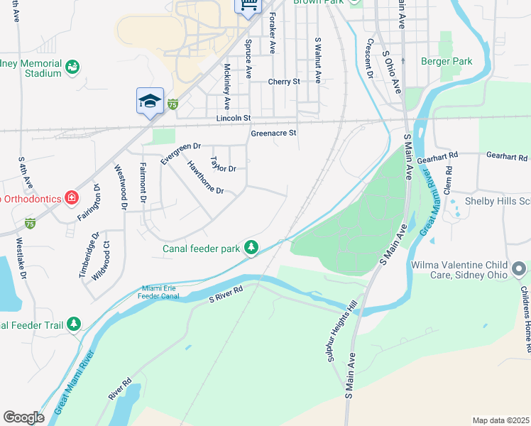 map of restaurants, bars, coffee shops, grocery stores, and more near 657 Ridgeway Drive in Sidney