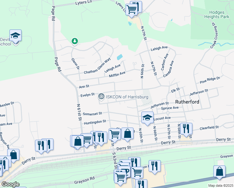 map of restaurants, bars, coffee shops, grocery stores, and more near 6330 Evelyn Street in Harrisburg