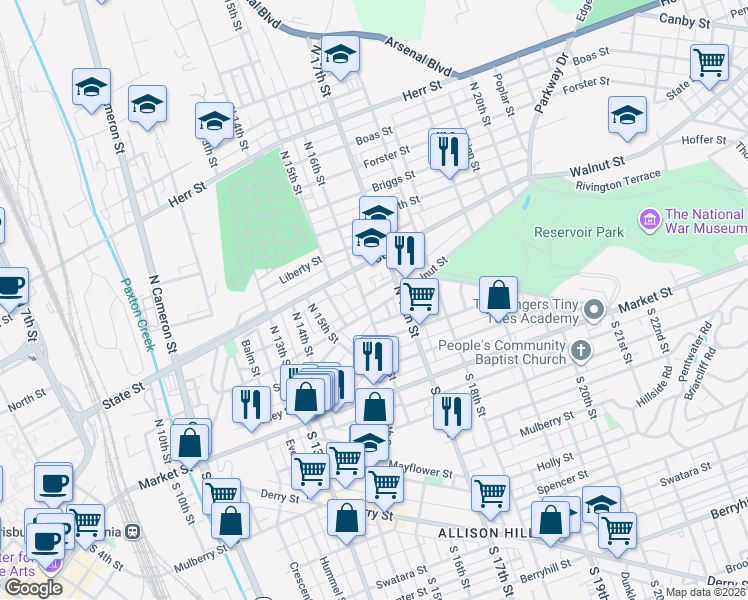 map of restaurants, bars, coffee shops, grocery stores, and more near 1613 Apricot Street in Harrisburg