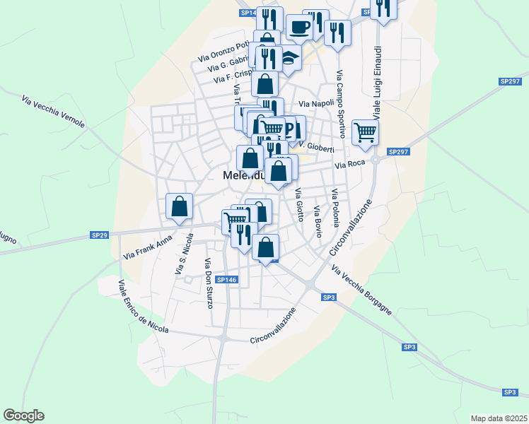 map of restaurants, bars, coffee shops, grocery stores, and more near Piazza Borgo San Antonio in Melendugno
