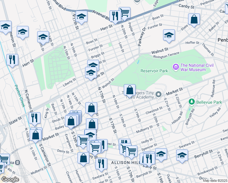 map of restaurants, bars, coffee shops, grocery stores, and more near 73 North 18th Street in Harrisburg