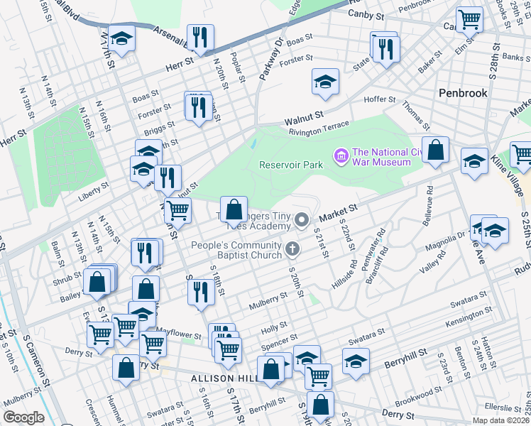 map of restaurants, bars, coffee shops, grocery stores, and more near 41 North 20th Street in Harrisburg