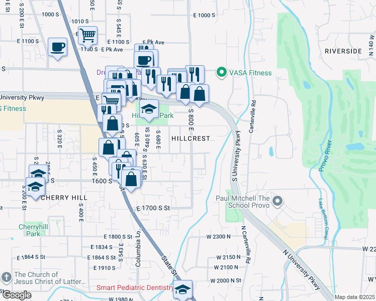 map of restaurants, bars, coffee shops, grocery stores, and more near 1490 South 800 East in Orem
