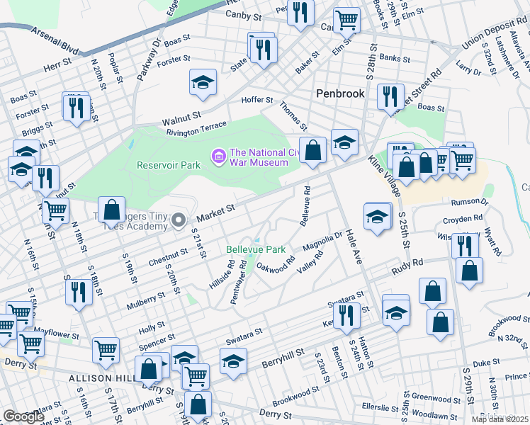 map of restaurants, bars, coffee shops, grocery stores, and more near 2310 Chestnut Street in Harrisburg