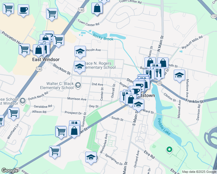 map of restaurants, bars, coffee shops, grocery stores, and more near 117 2nd Avenue in Hightstown