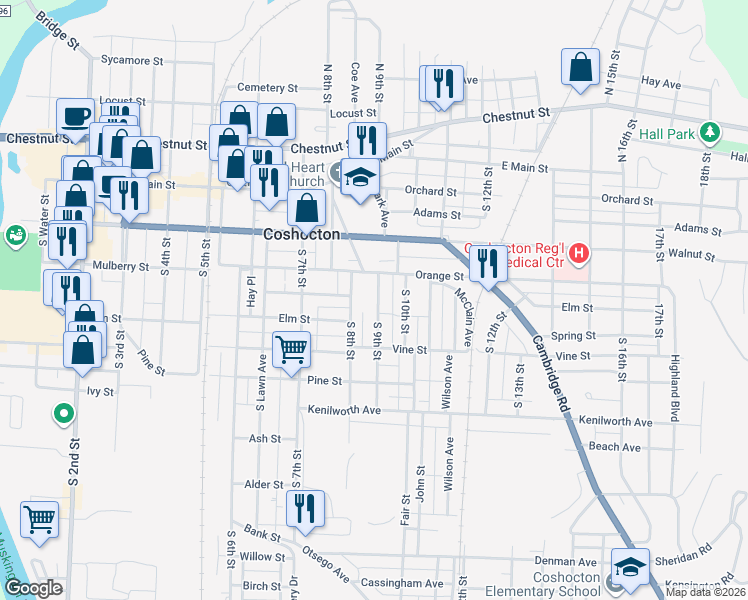 map of restaurants, bars, coffee shops, grocery stores, and more near 309 South 9th Street in Coshocton