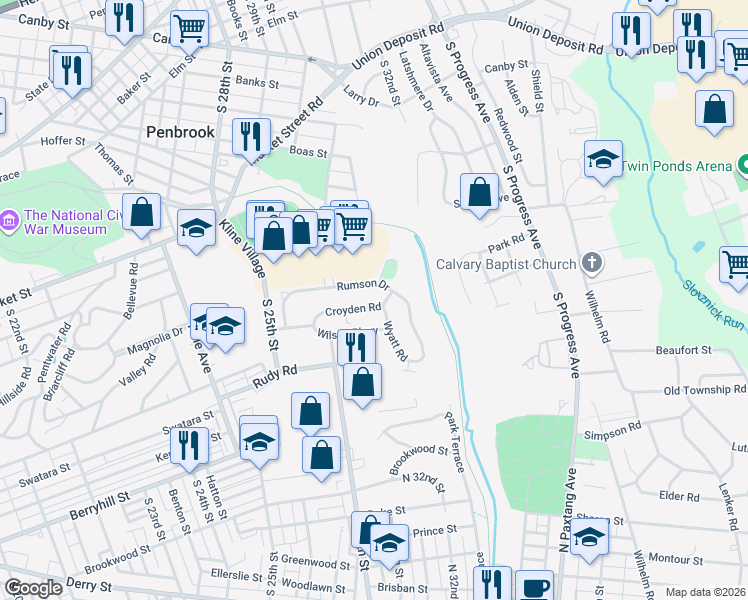 map of restaurants, bars, coffee shops, grocery stores, and more near 259 Rumson Drive in Harrisburg