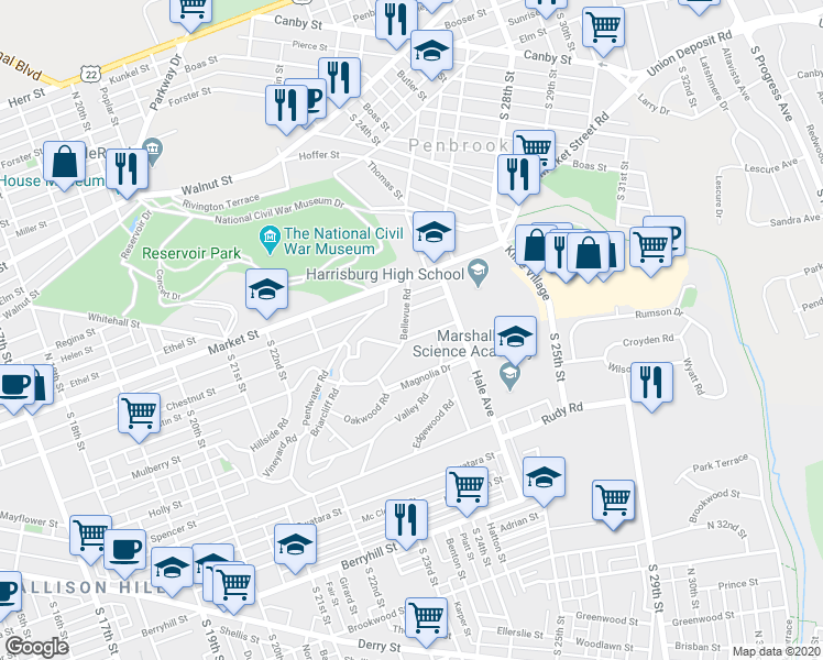 map of restaurants, bars, coffee shops, grocery stores, and more near 2400 Midland Road in Harrisburg